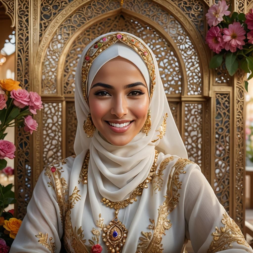 Stunning Arabic Woman with Hijab in Floral Pavilion