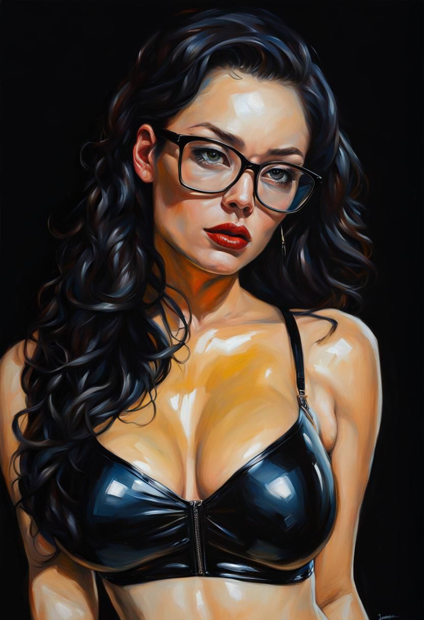 Woman in Latex Bodysuit, Oil Painting Style