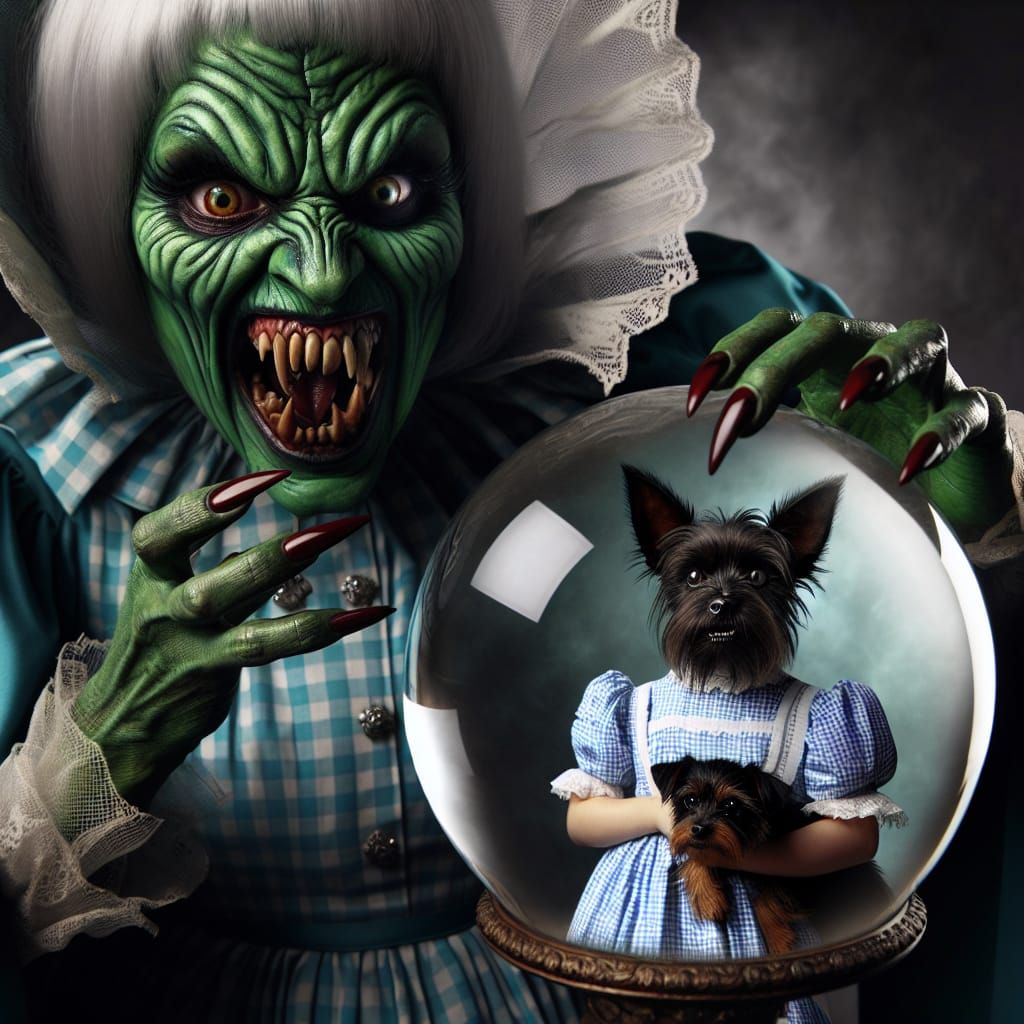 Green Witch Snarling and Holding Crystal Ball