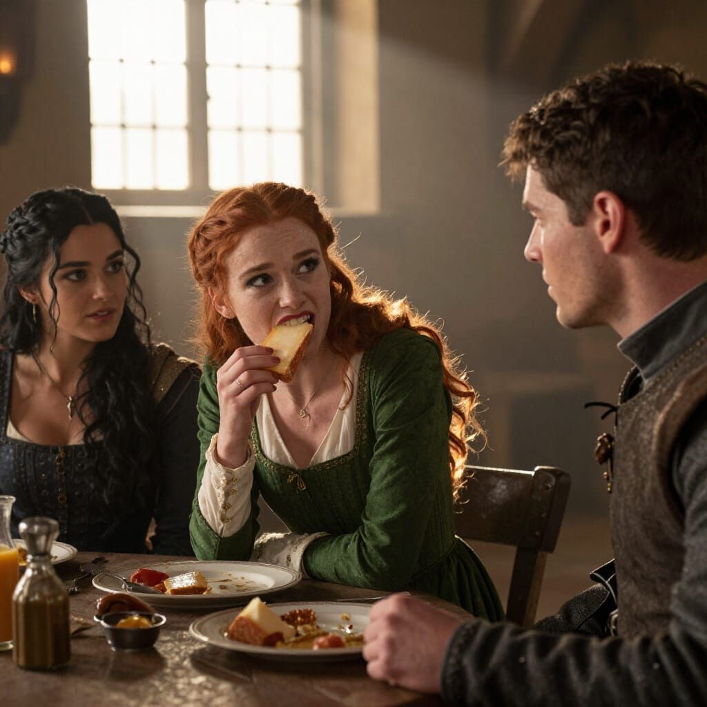 Medieval Tavern Scene at Dawn with Redhead Character