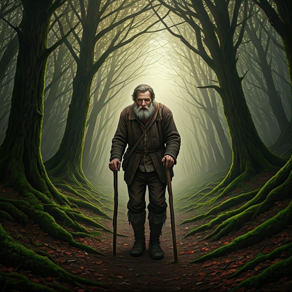Misty Forest Scene with Weary Traveler