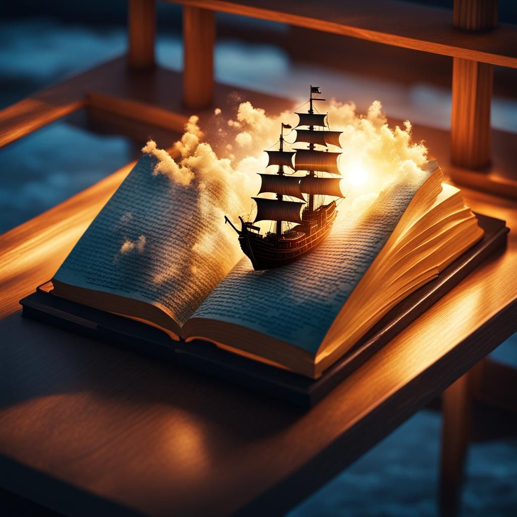 Ocean Landscape Inside Open Book, Fantasy Illustration