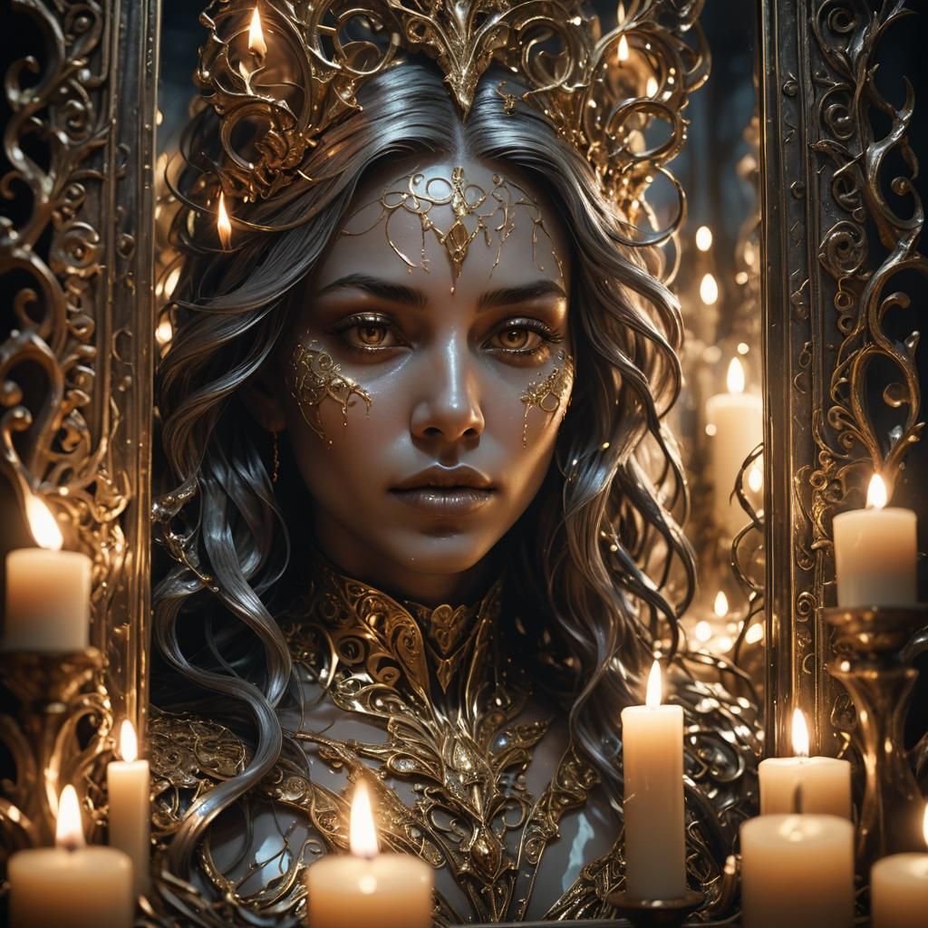 Mysterious Figure Gazing into Enchanted Mirror in 3D