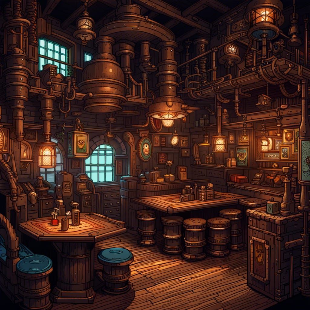 Cozy Steampunk Tavern Interior in Pixel Art