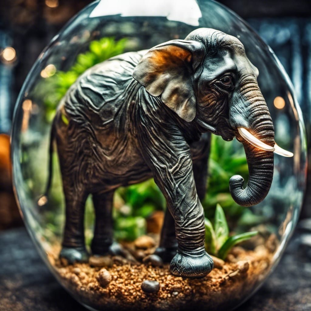 Blown Glass Elephant in Terrarium: Hyperrealistic Digital Ar...