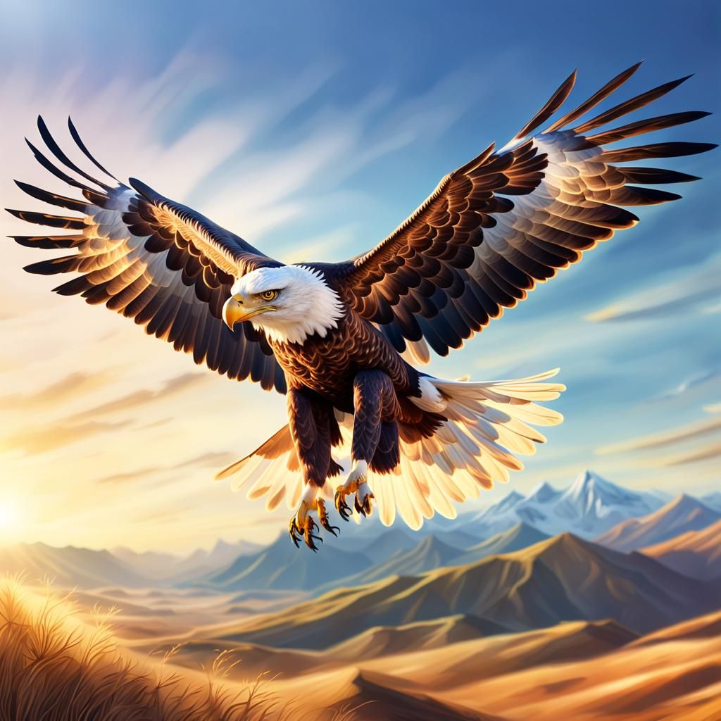 Majestic Eagle Soaring Over Open Landscape