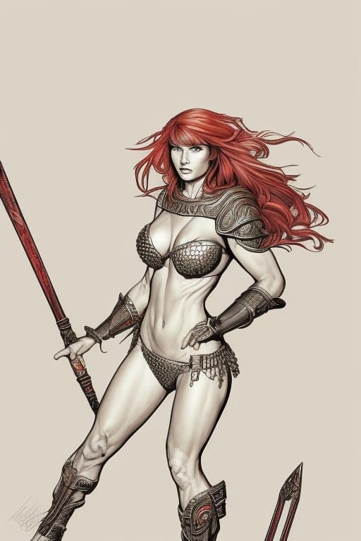 Red Sonja in Hyperrealistic Fantasy Art Style