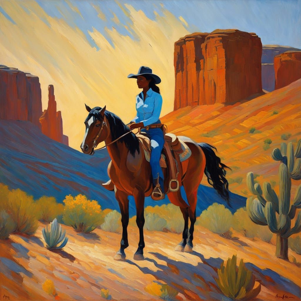 Cowgirl in Desert Canyon as Impasto Oil Painting