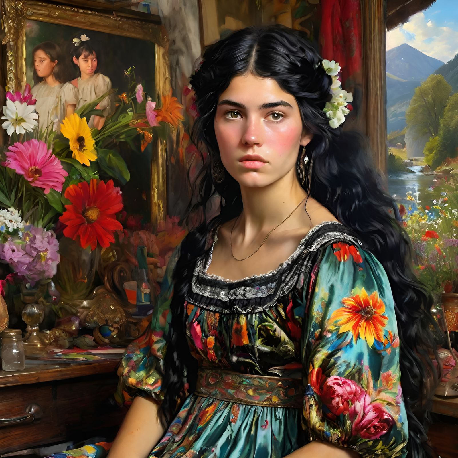 Hyperrealistic Portrait of Woman with Flowery Hair