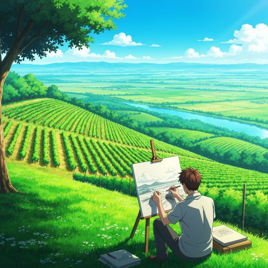 Artist Sketches Vineyard Landscape in Anime Style