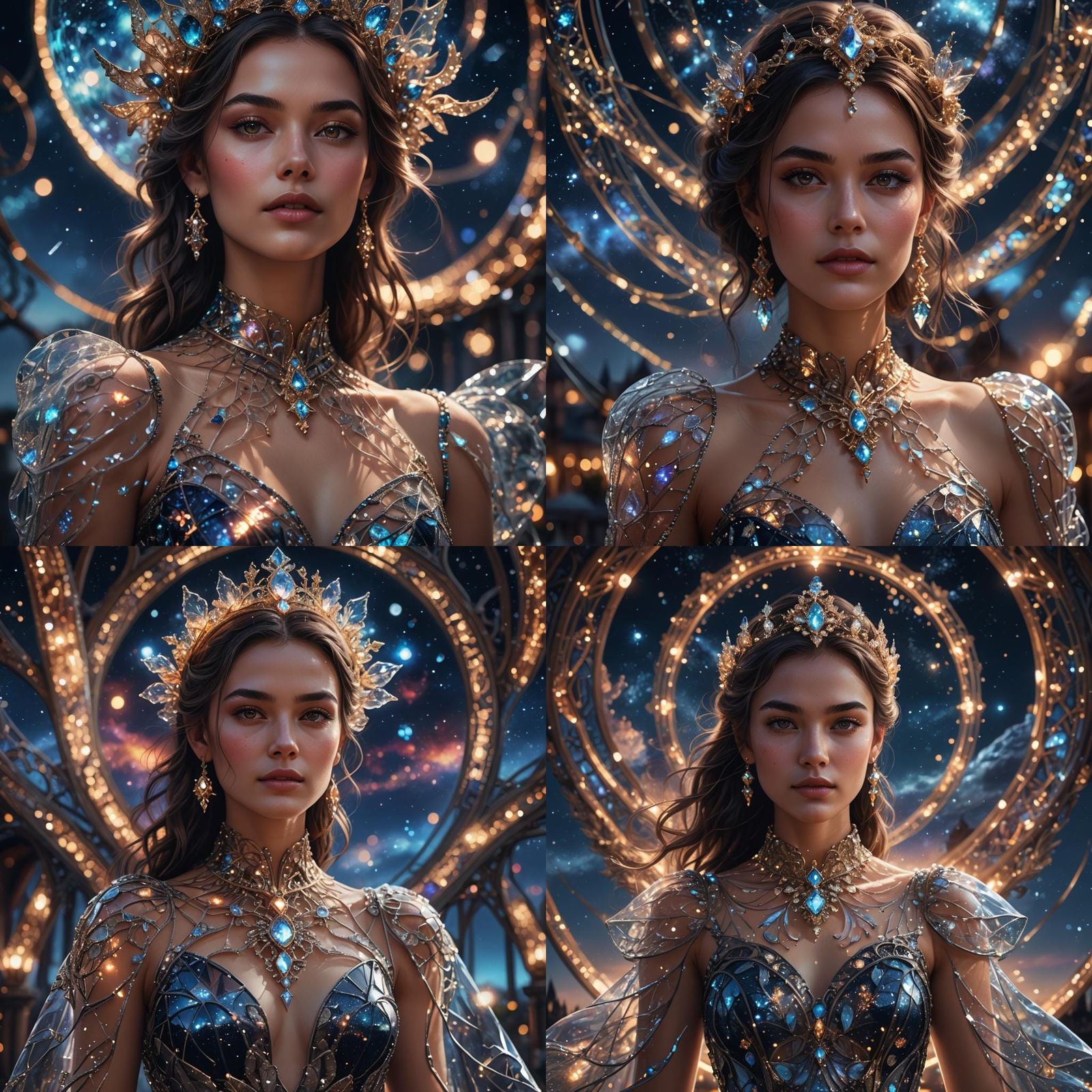 portrait of a beautiful woman wearing an intricate transparent glass dress and glowing transparent glass jewelry. Dazzli...