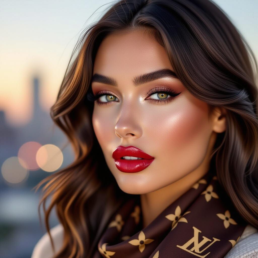 Elegant Woman with Ombre Lips and Designer Scarf