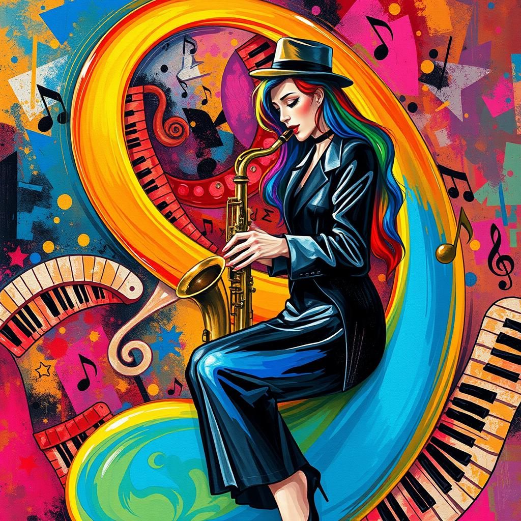 Rainbow Haired Woman Playing Saxophone in Matisse Style