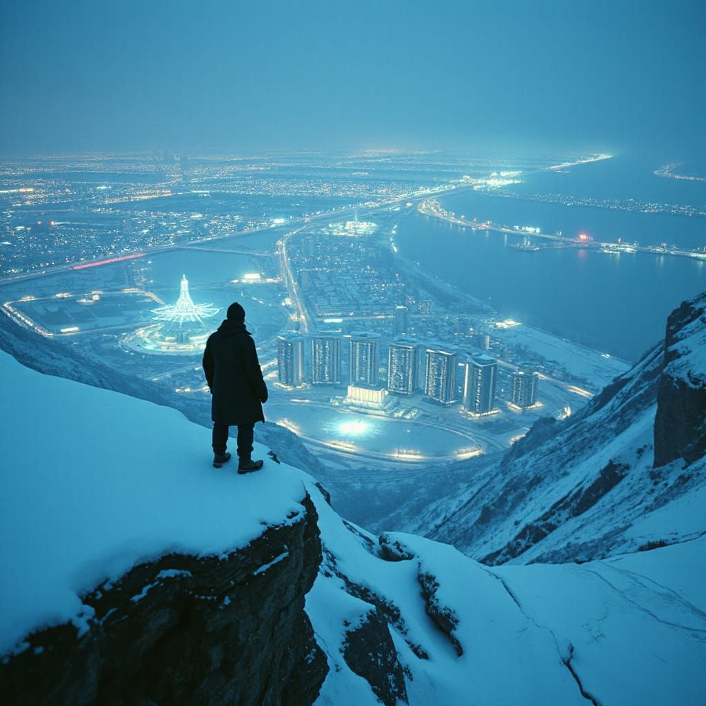 Cyberpunk City Vista from Snowy Cliff Edge