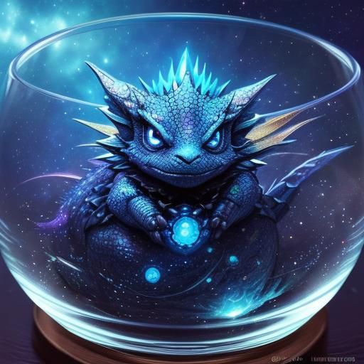 Cute Baby Dragon in Glass Jewelry Box, Anime Style
