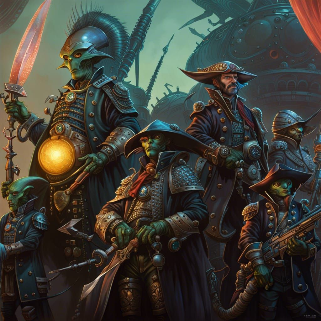 Fearsome Alien Pirate Crew in Lithographic Style