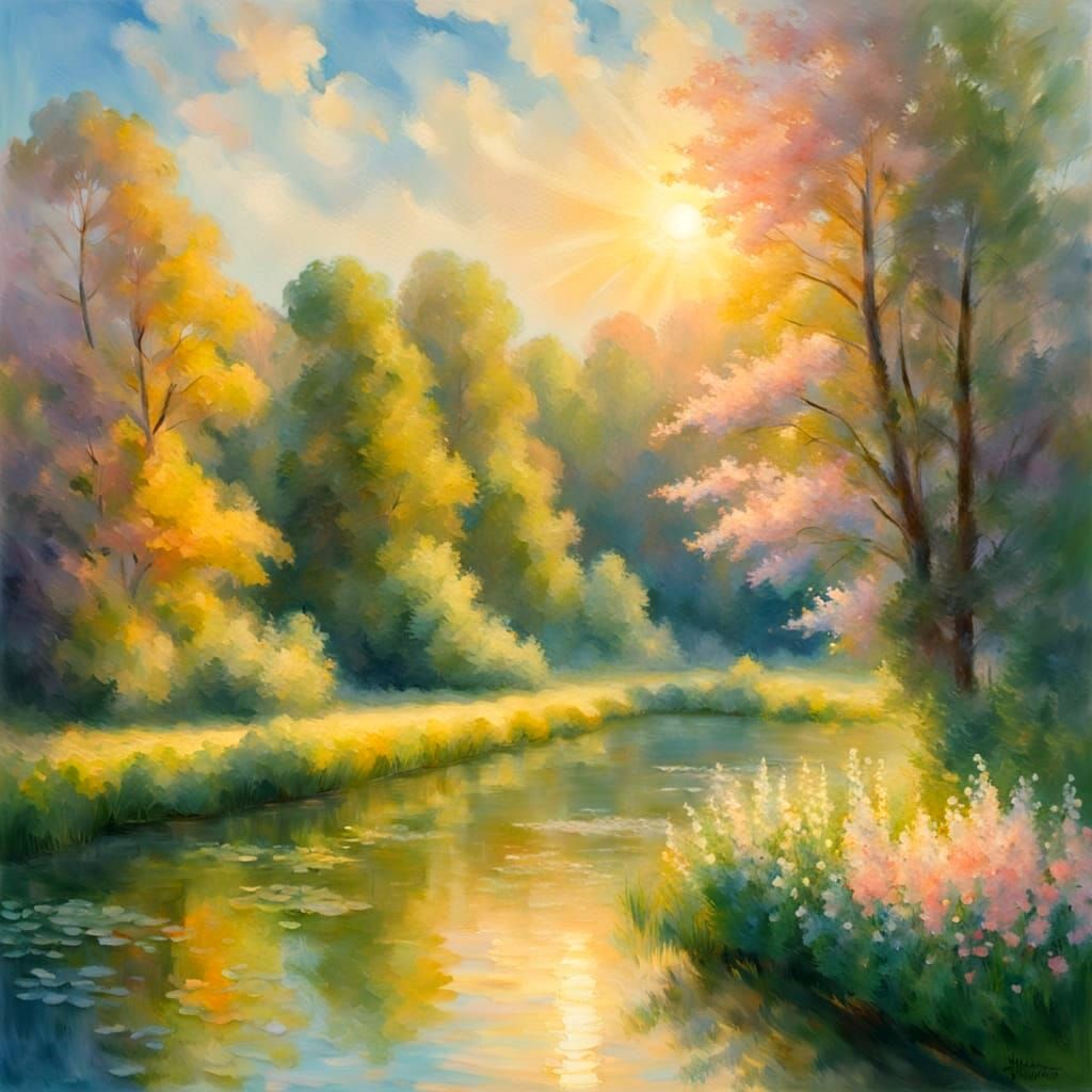 Impressionist Lake Scene at Golden Hour