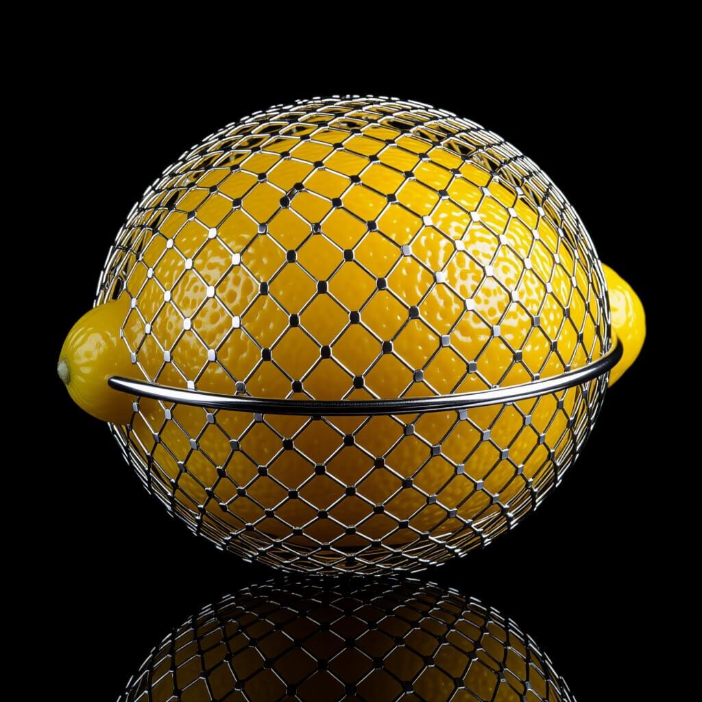 Hyperrealistic Lemon Encased in Silver Mesh
