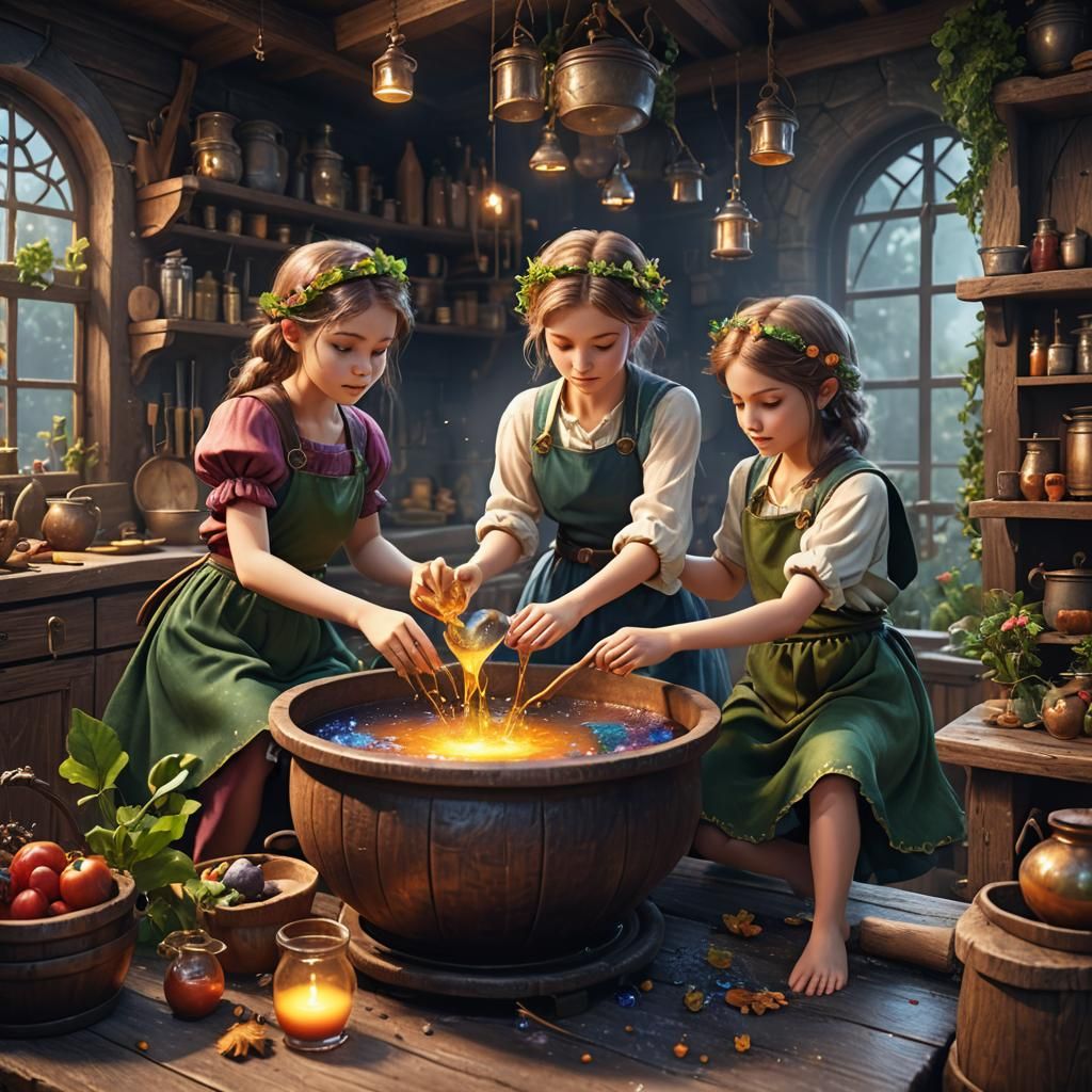 Fairies Brew Magic Potion: Fantasy Concept Art