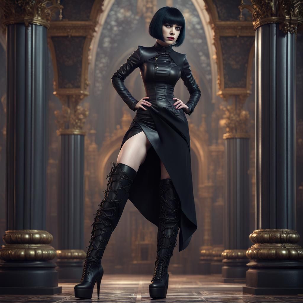 Gothic Woman in Black Boots: Detailed Matte Painting