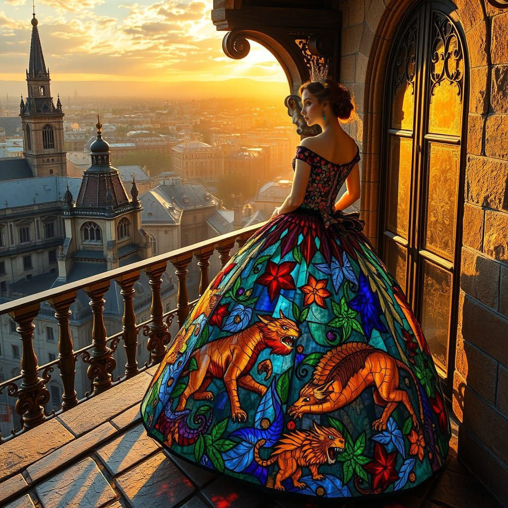 Queen in Stained Glass Gown Overlooking Medieval City