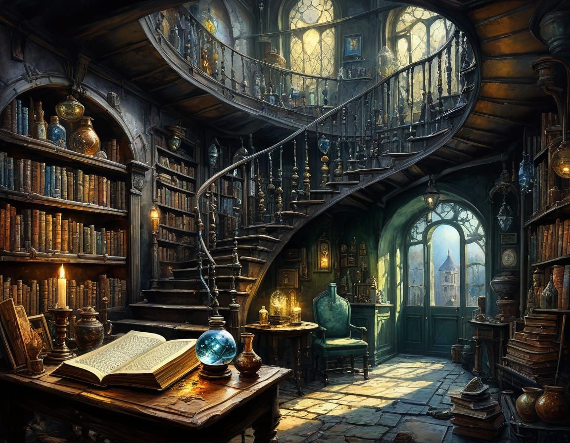 Surreal Underground Wizard's Workshop in Impressionist Style