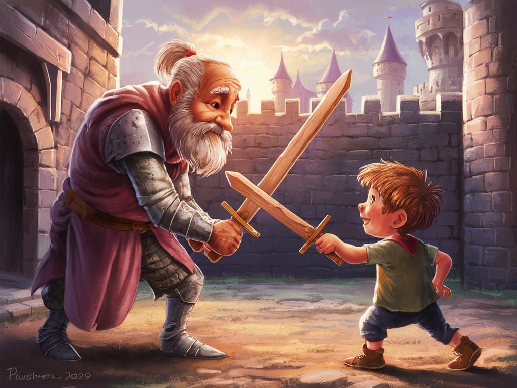 Knight Teaches Boy Sword Fighting in Castle Courtyard