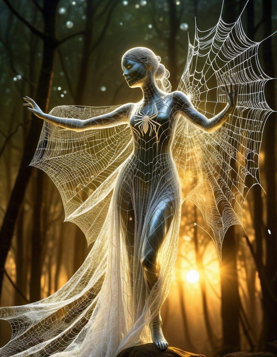 Ethereal Wireframe Statue in Golden Hour Forest