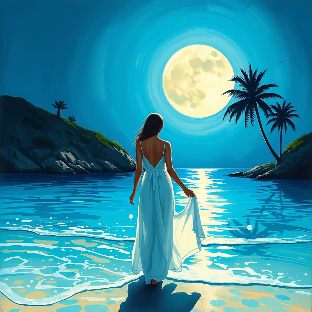 Moonlit Mediterranean Beach Painting in Expressive Style