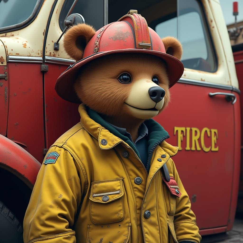 Humanoid Bear Firefighter Leaning Against Vintage Firetruck