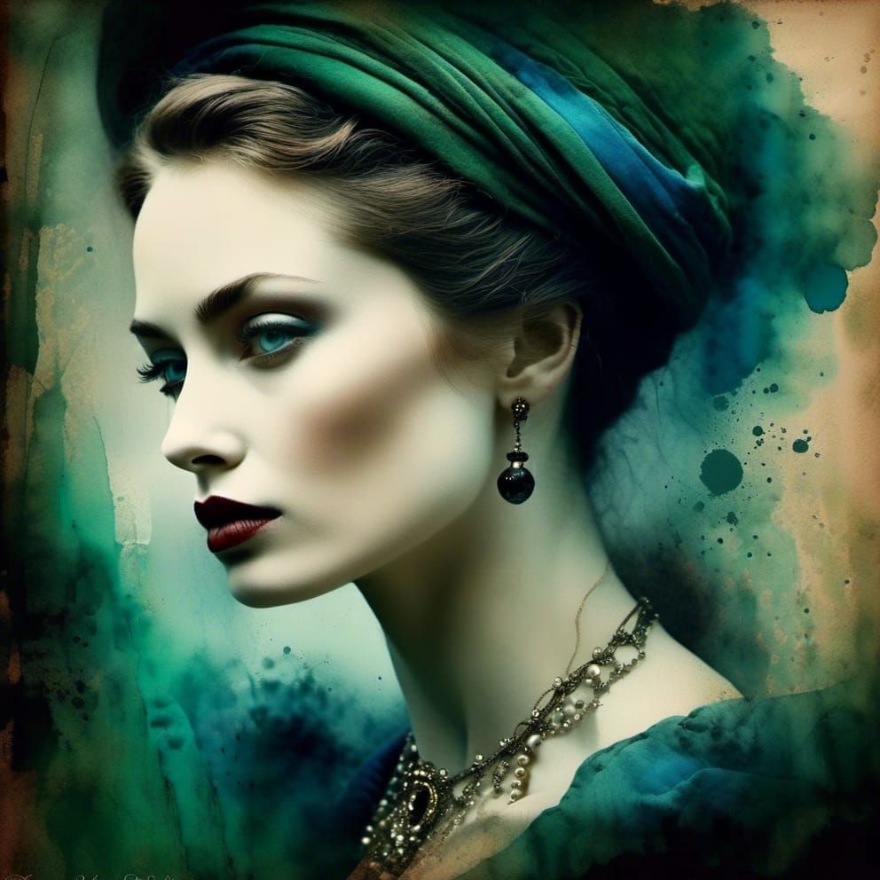 Victorian Woman Portrait in Moody Watercolor Style