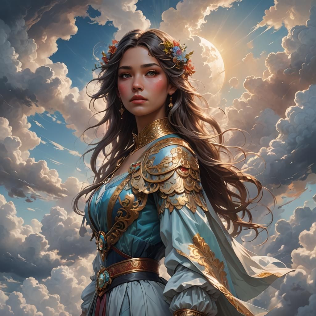 Beautiful Girl in Clouds: Hyperdetailed Portrait