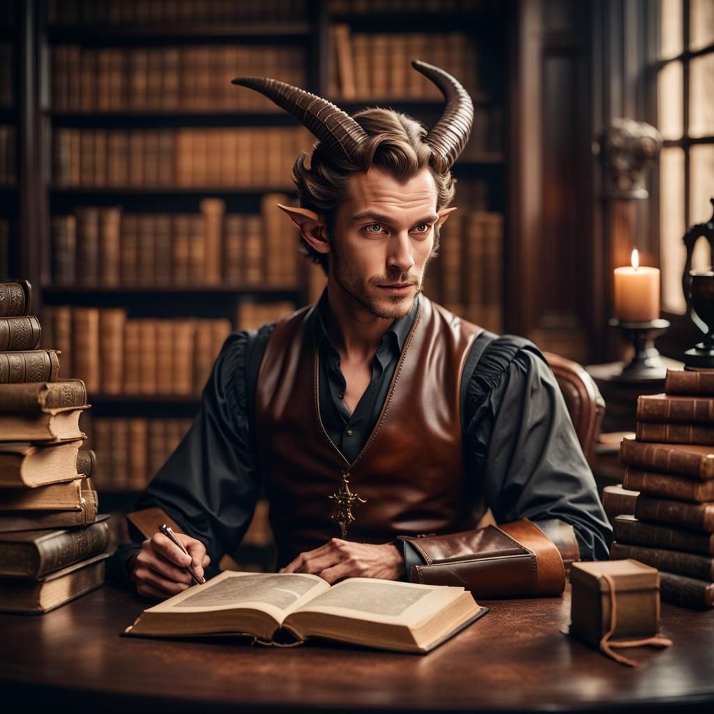 Handsome Tiefling Portrait in Dark Academia Style