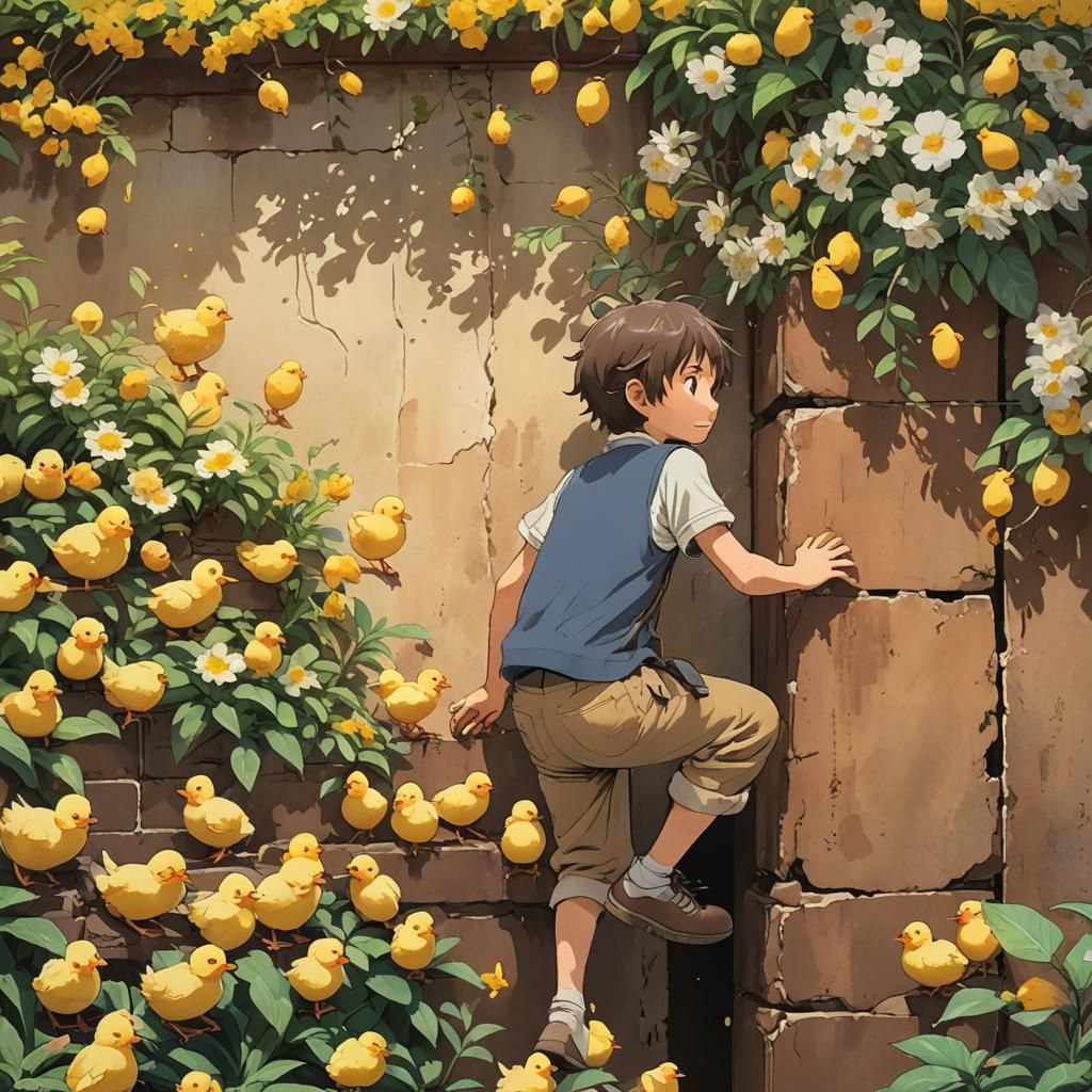 Boy Climbing Wall with Chicks: Studio Ghibli Style