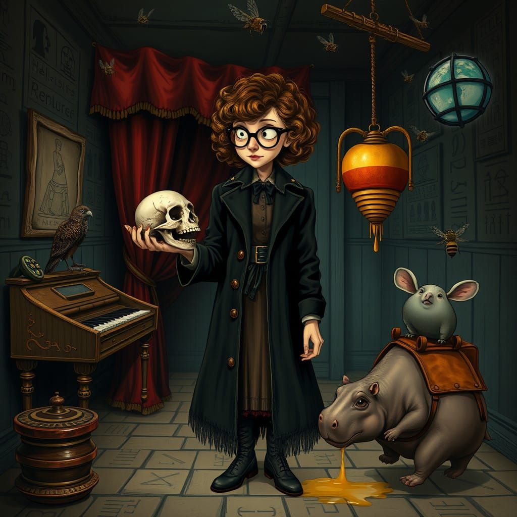 Gothic Goddess of the Macabre Examines a Human Skull in a Ha...