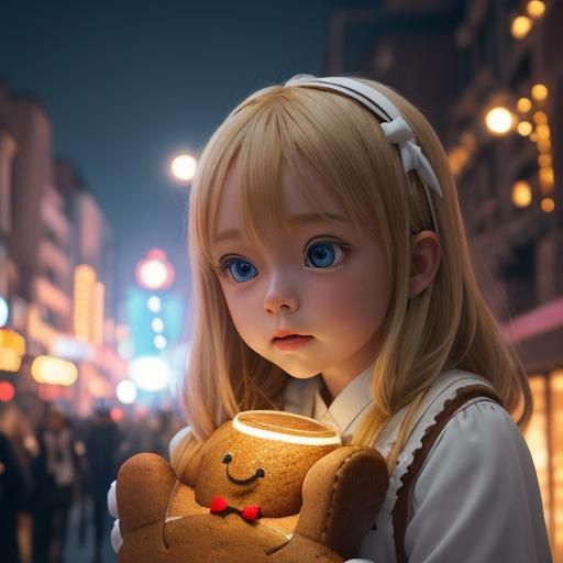 Girl with Gingerbread Man in Pixar City