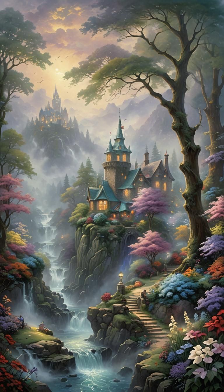 Ethereal Fantasy Landscape in Kinkade Style
