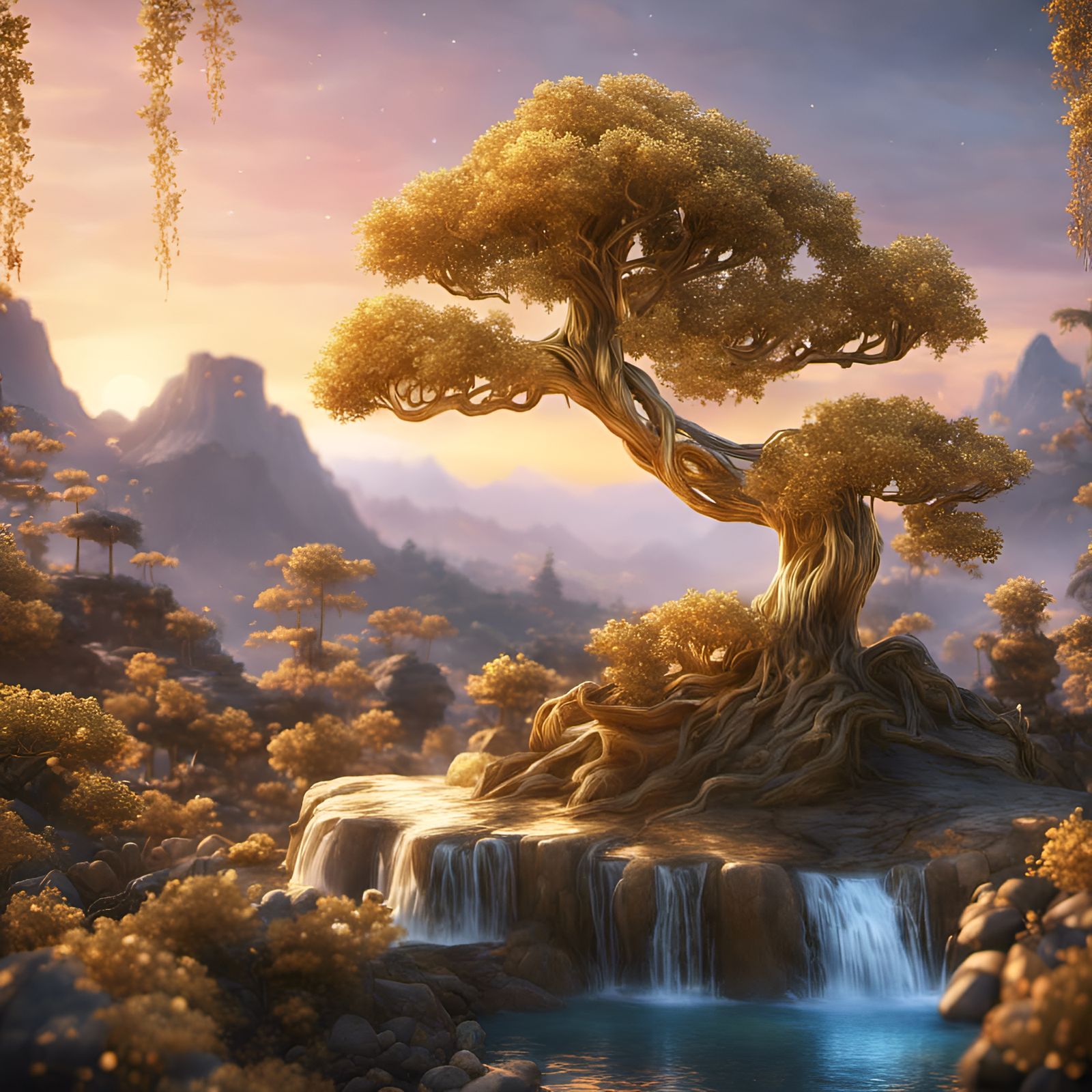 Golden Bonsai Tree in Secret Garden, Disney Style