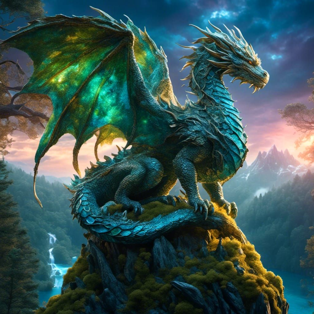 Hyperrealistic Dragon Overlooks Enchanted Forest
