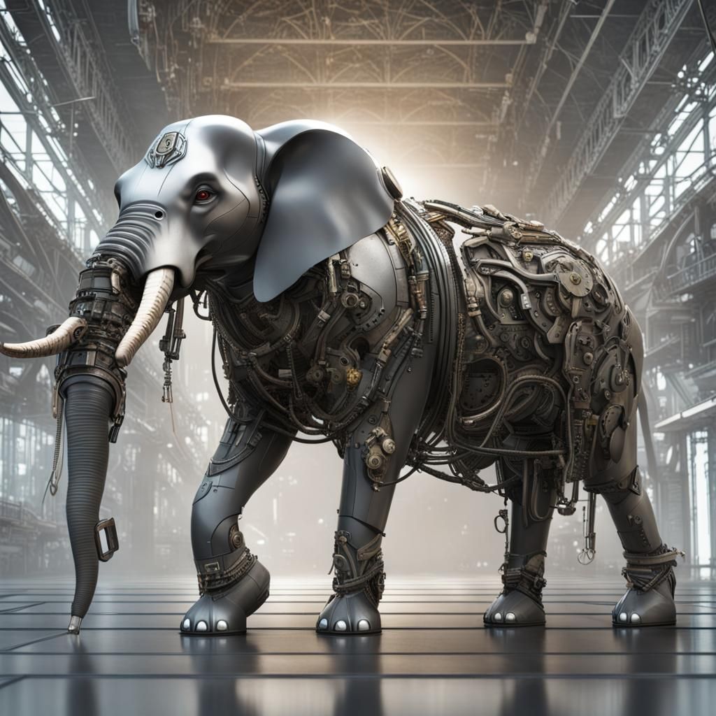 Bipedal Cyborg Elephant in Metal Jungle