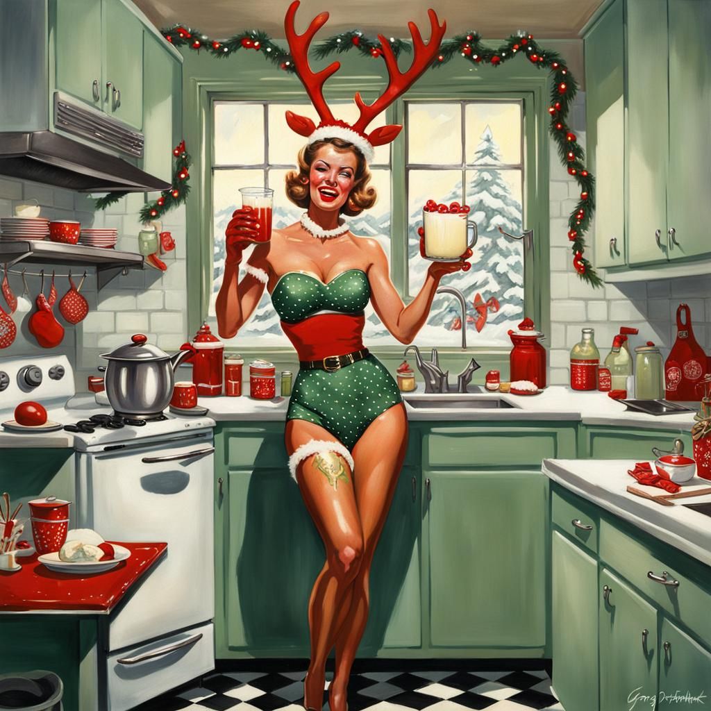 Sinister 50s Housewife in Christmas Bikini with Eggnog