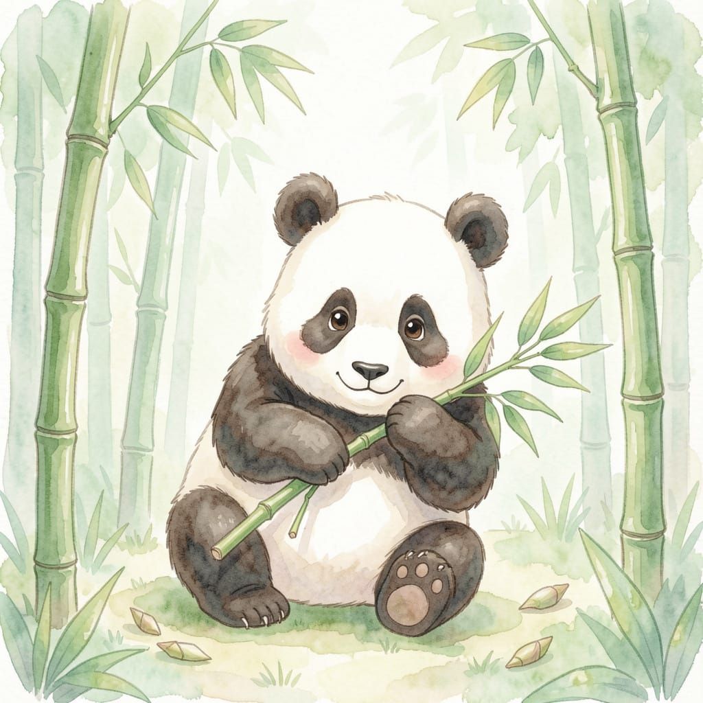 Adorable Panda Eating Bamboo in Watercolor Style