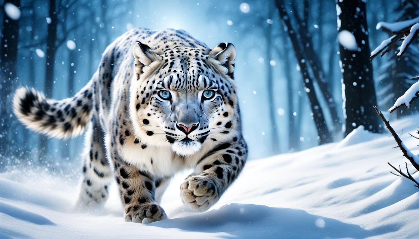 "Beautiful Matte Painting of a snow leopard running in the snow, night time, light blue eyes, dark background, insanely ...