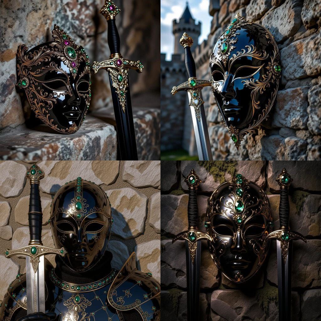 Ornate Onyx Mask and Gem Rapier in Castle Setting