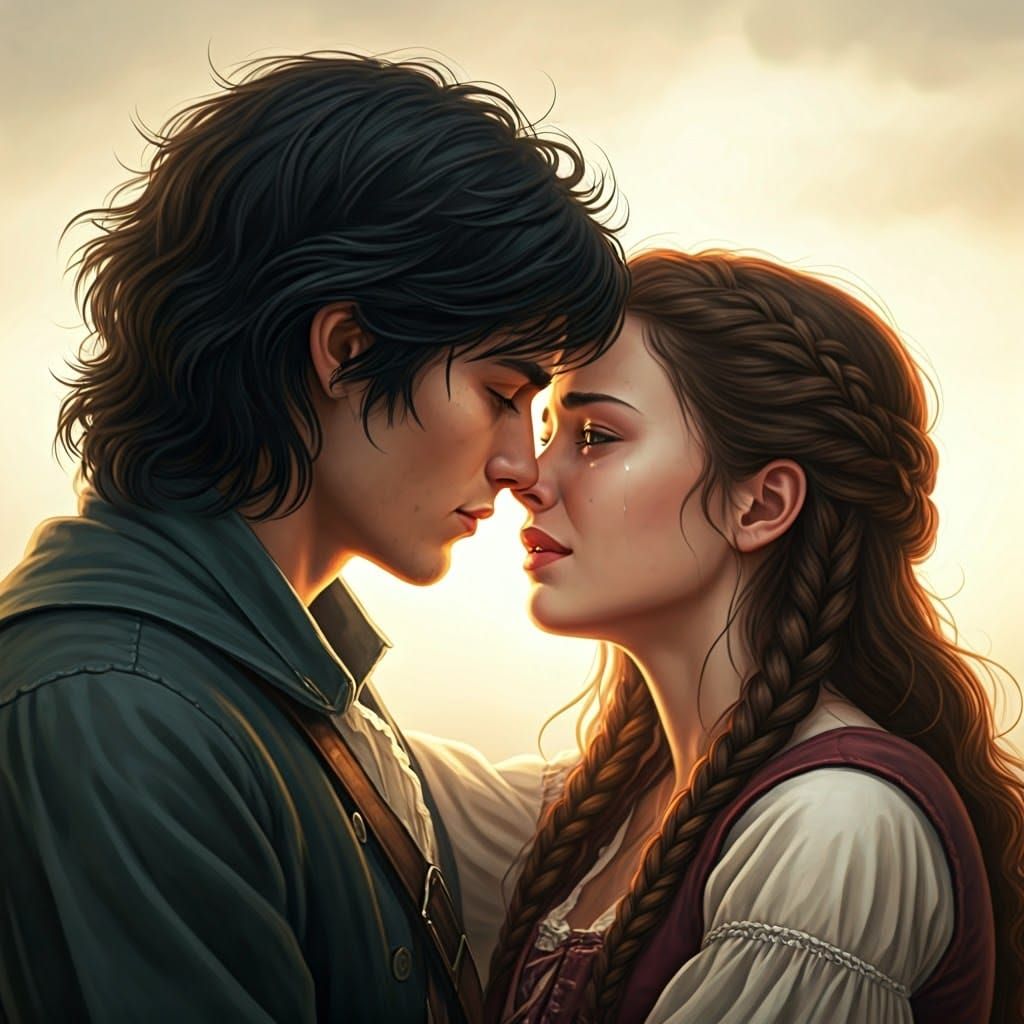 Farewell Kiss in Romantic Pre-Raphaelite Style