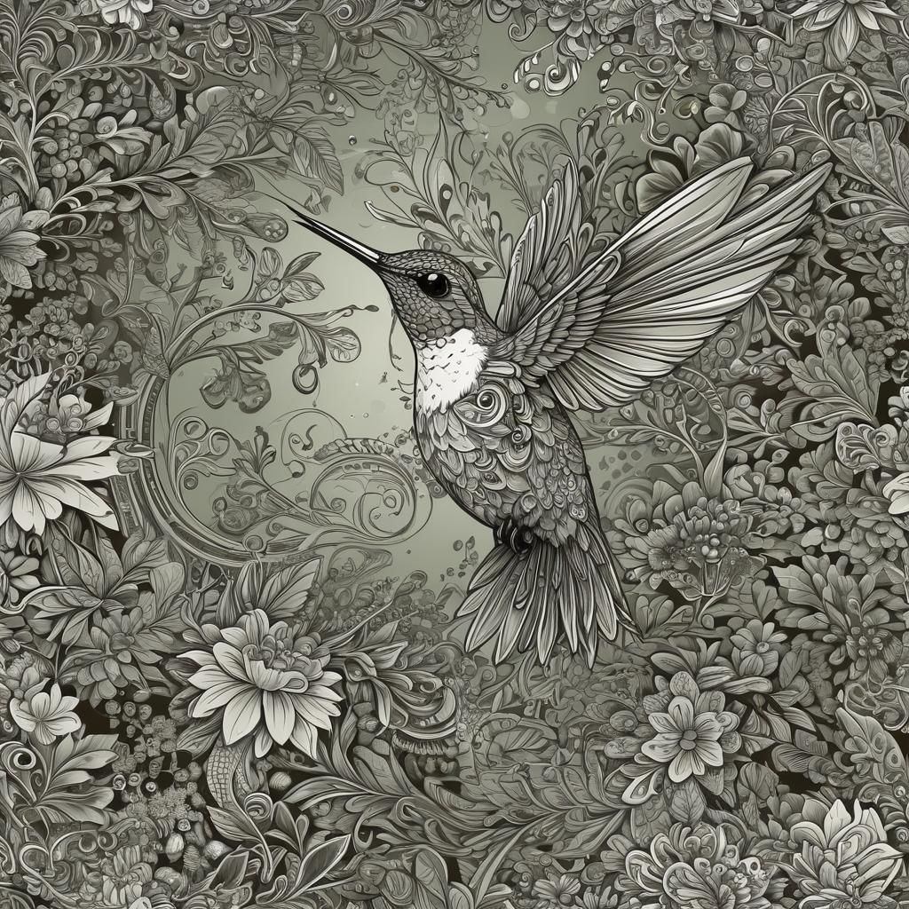 Hummingbird in Fairy Garden with Abstract Fractals