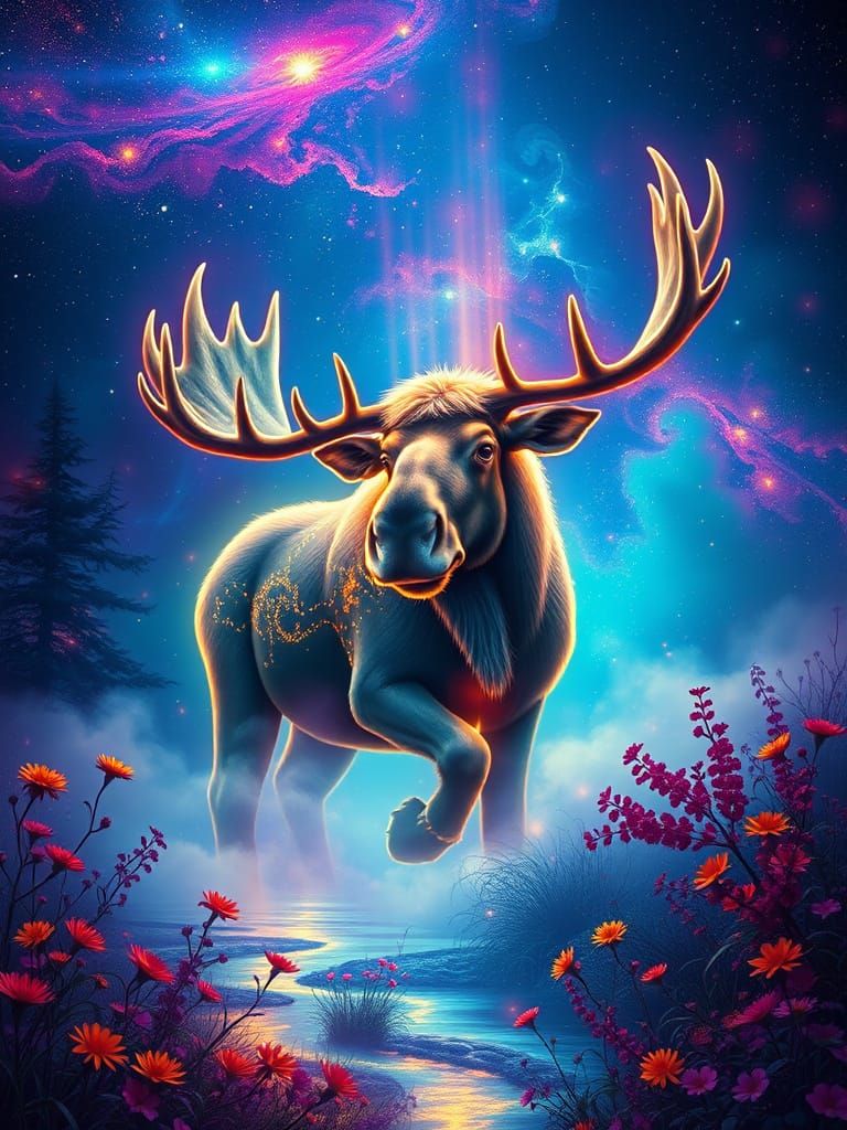 Cosmic Moose with Fractal Antlers in Emerald Forest