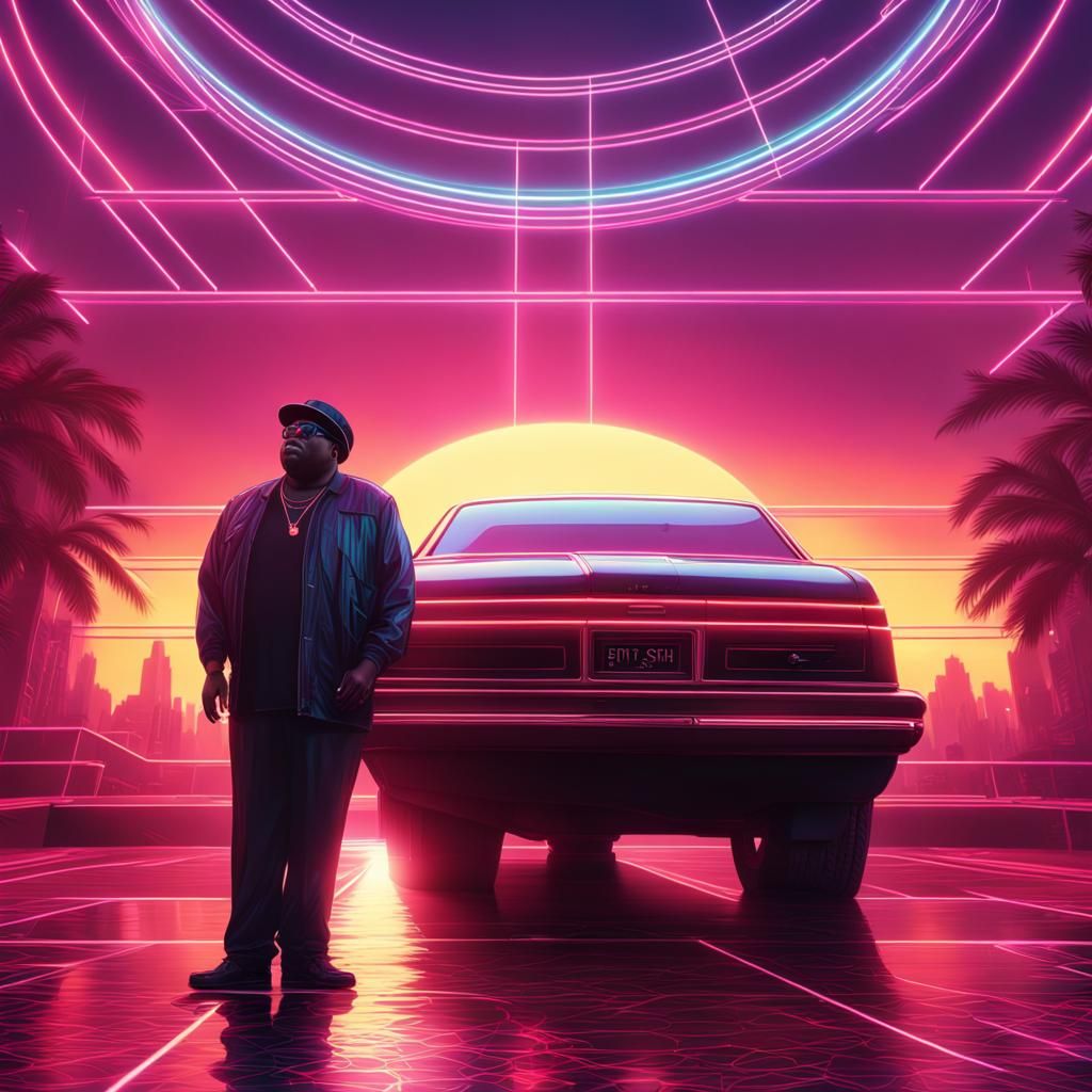 Tron-Inspired Biggie Smalls in Synthwave Sunset Geometry