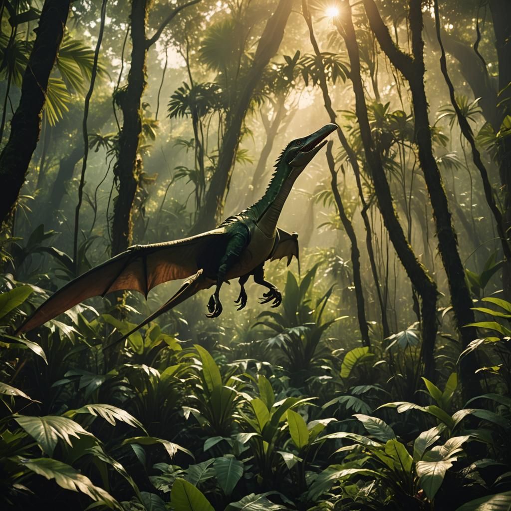 Pterodactyl Soaring Through Jungle, Cinematic Film Still
