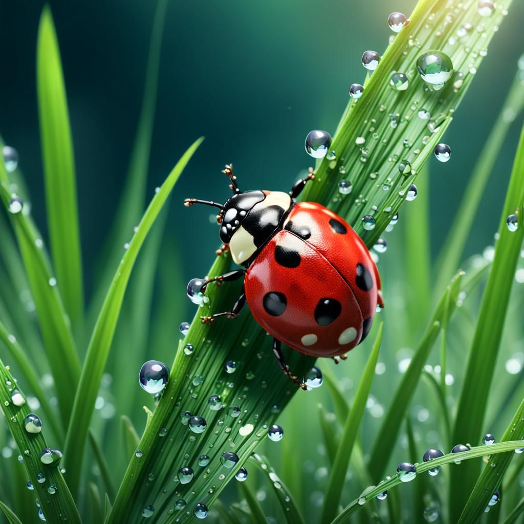 Ladybug on Grass Blade with Dewdrop